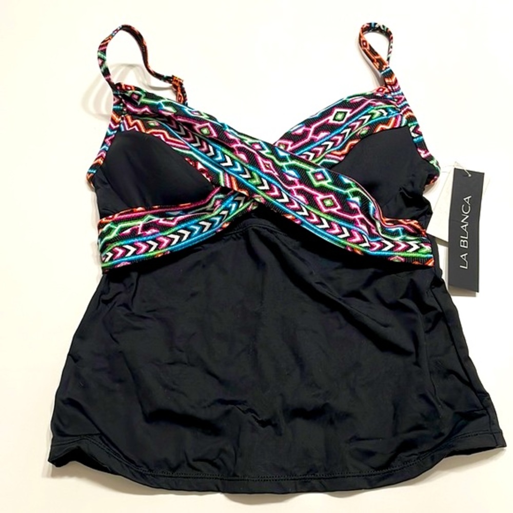 NWT La Blanca Tankini Top in Black with Multi-Colored Adjustable Straps, Size 6